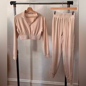 AKIRA Beige Velour Cropped Sweatsuit